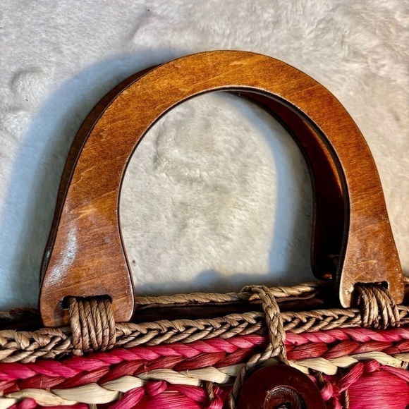 Straw Tote Red Beige Brown 100% Cornhusk Wooden Handles Fabric interior Pocket - Picture 6 of 12